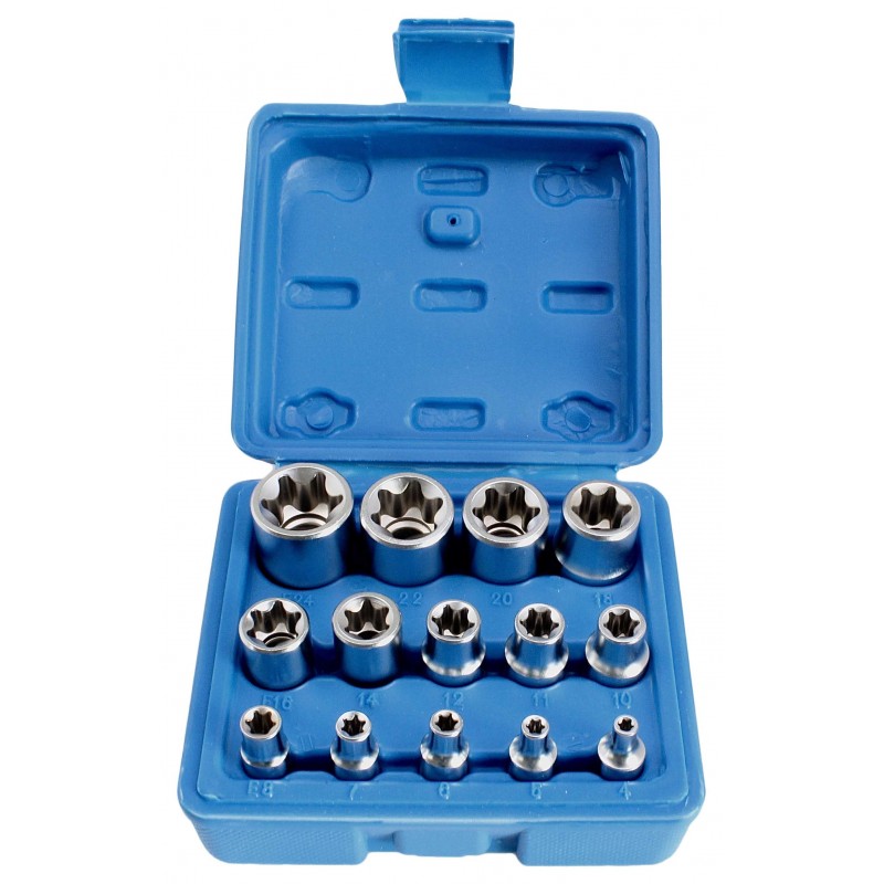 Hlavice 1/4”, 3/8” a 1/2” nástrčné TORX-E, vel. E4-E24, sada 14 ks - SATRA