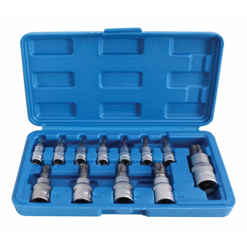 Zástrčné hlavice TORX-TS s otvorem 1/4", 3/8" a 1/2", TS8-TS60, sada 12 ks - SATRA
