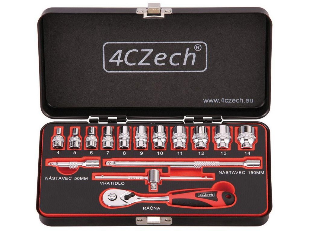 Sada nástrčných hlavic 1/4" s ráčnou, nástavci a vratidlem, 4-14 mm, 15 ks - 4CZech