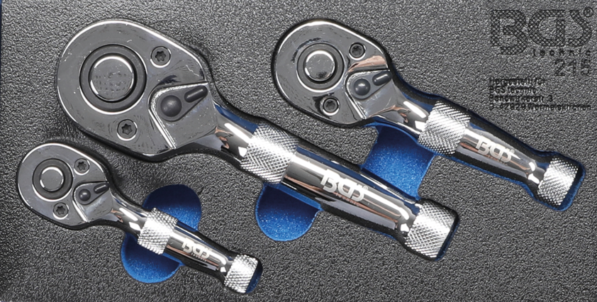 Přepínací mini ráčny 1/4", 3/8", 1/2", sada 3 ks - BGS 215