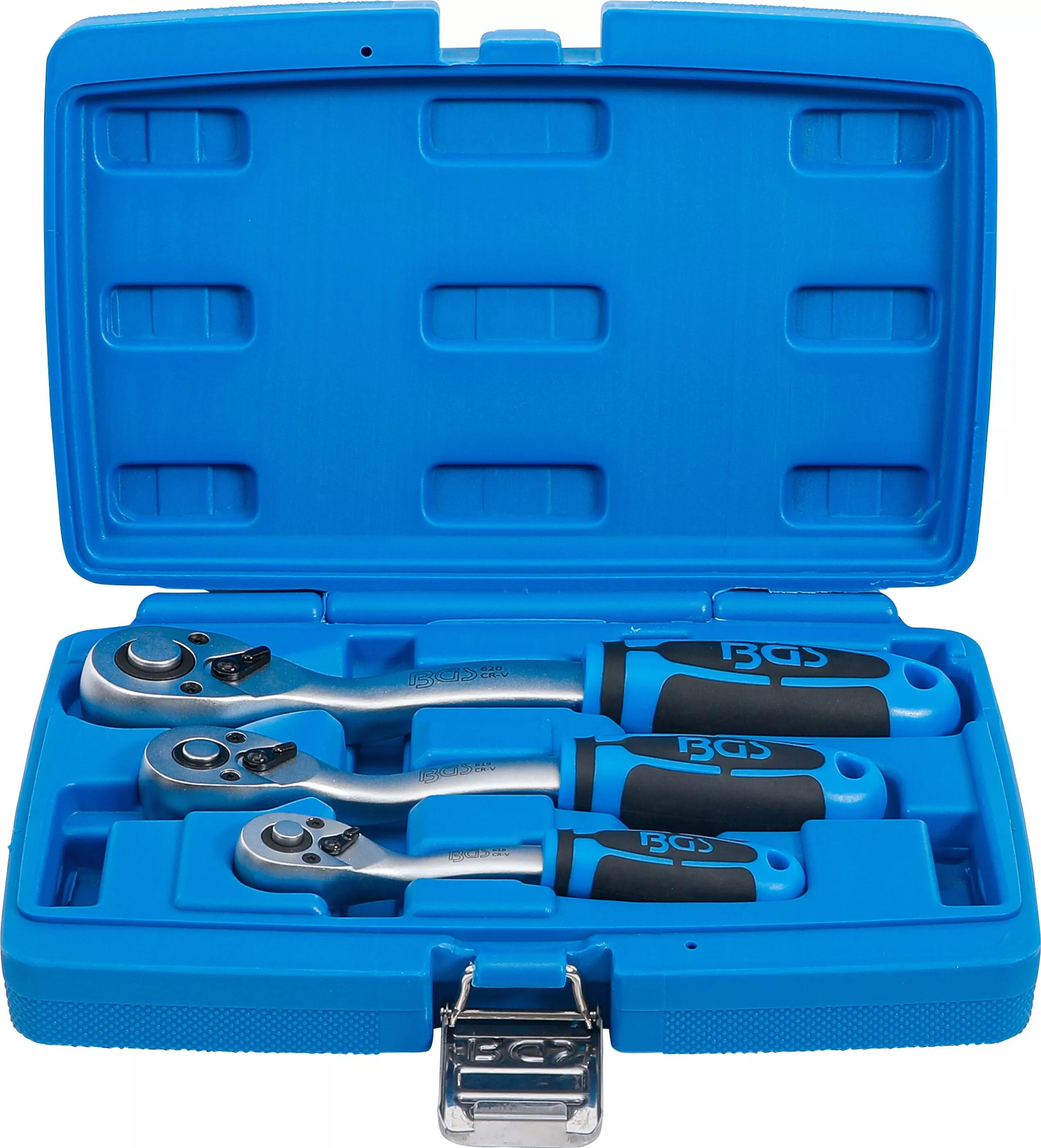 Přepínací ráčny 1/4", 3/8" a 1/2", 72 zubů, vyhnuté, sada 3 ks - BGS 621