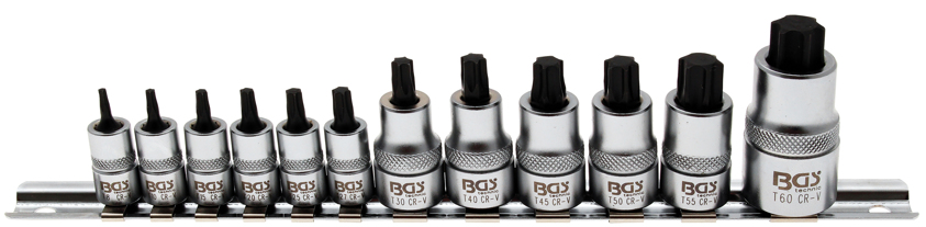 Zástrčné hlavice TORX 1/4", 3/8" a 1/2", T8- T60, extra krátké, sada 12 dílů - BGS 5098