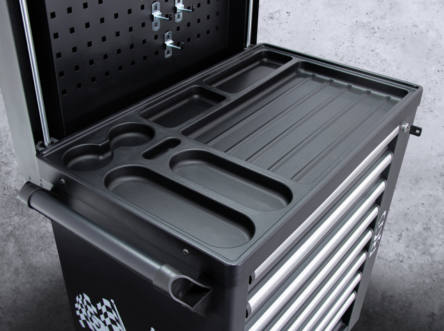 Dílenský vozík nevybavený, 8 zásuvek, s výsuvnou stěnou a Bluetooth reproduktorem BGS 4108