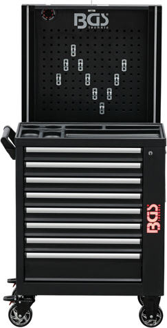 Dílenský vozík nevybavený, 8 zásuvek, s výsuvnou stěnou a Bluetooth reproduktorem BGS 4108