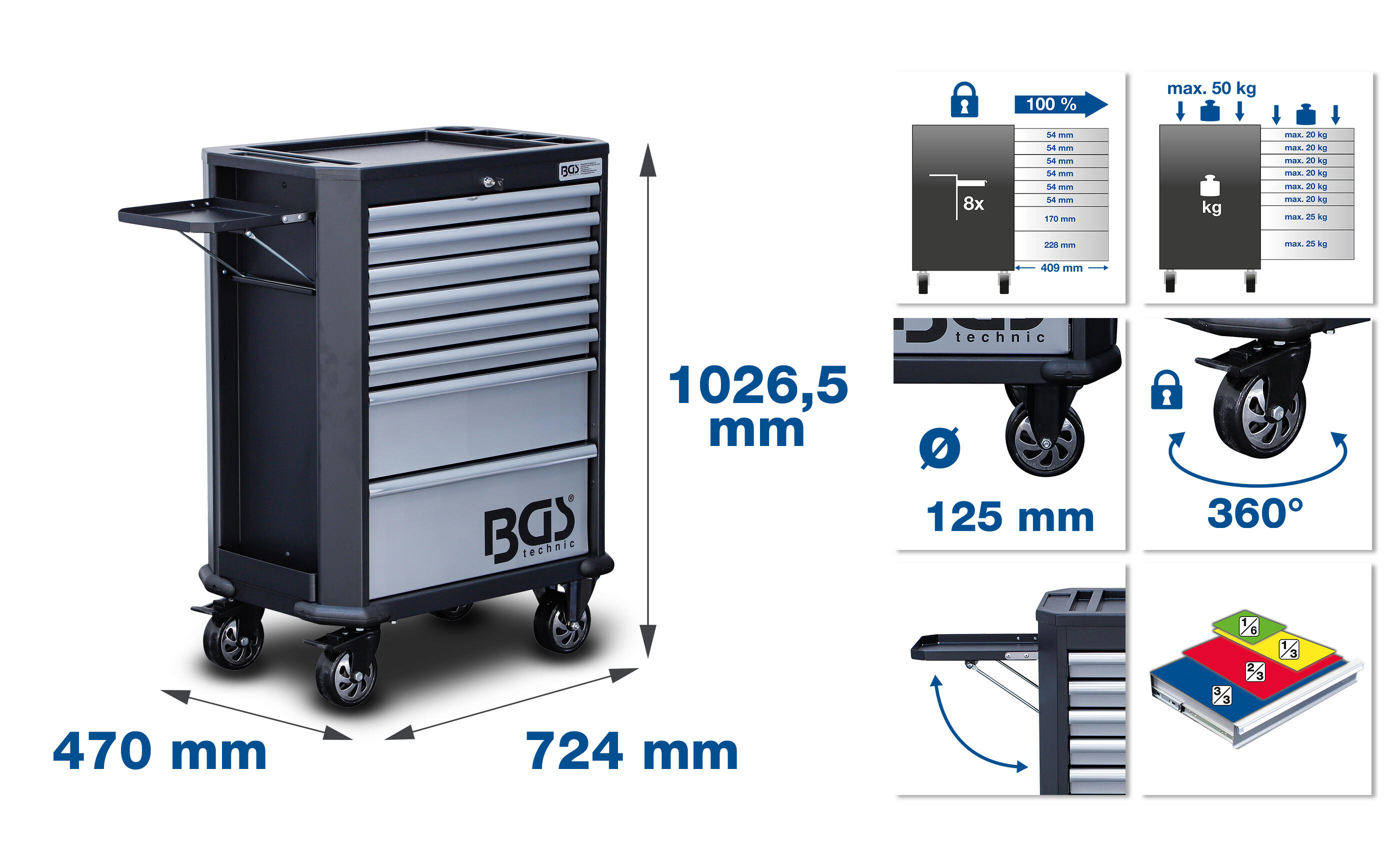 BGS Technic BGS 4007 Dílenský montážní vozík, 8 zásuvek a 299 ks nářadí