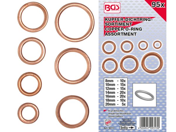 BGS Technic BGS 9313 Těsnicí měděné O-kroužky pr. 6,0 ÷ 20,0 mm (Sada 95 dílů)