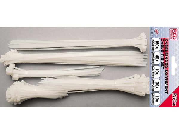 BGS Technic BGS 80874 Vázací pásky - bílé. Délka 100, 200, 300 mm. Sada 250 dílů