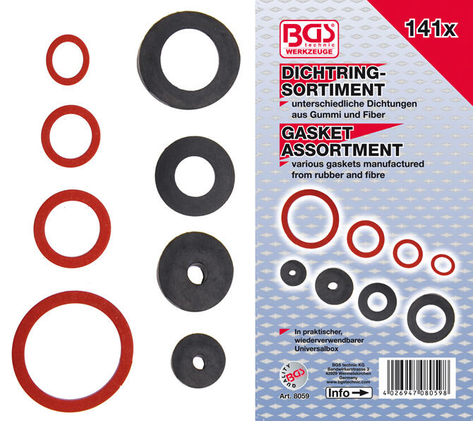 BGS Technic BGS 8059 Těsnící kroužky - guma, fiber a klingerit (Sada 141 dílů v PVC kazetě