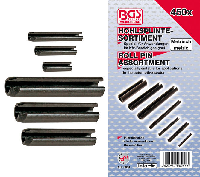 BGS Technic BGS 8054 Zajišťovací pružné kolíky. Sada 450 dílů v PVC kazetě
