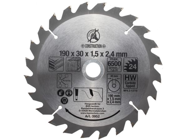 BGS Technic BGS 3952 Pilový kotouč ze slinutého karbidu průměr 190 x 30 x 2,5 mm, 24 zubů