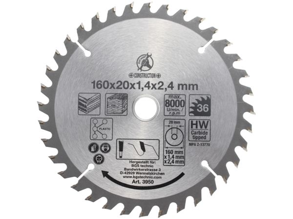 BGS Technic BGS 3950 Pilový kotouč ze slinutého karbidu průměr 160 x 20 x 2,4 mm, 36 zubů