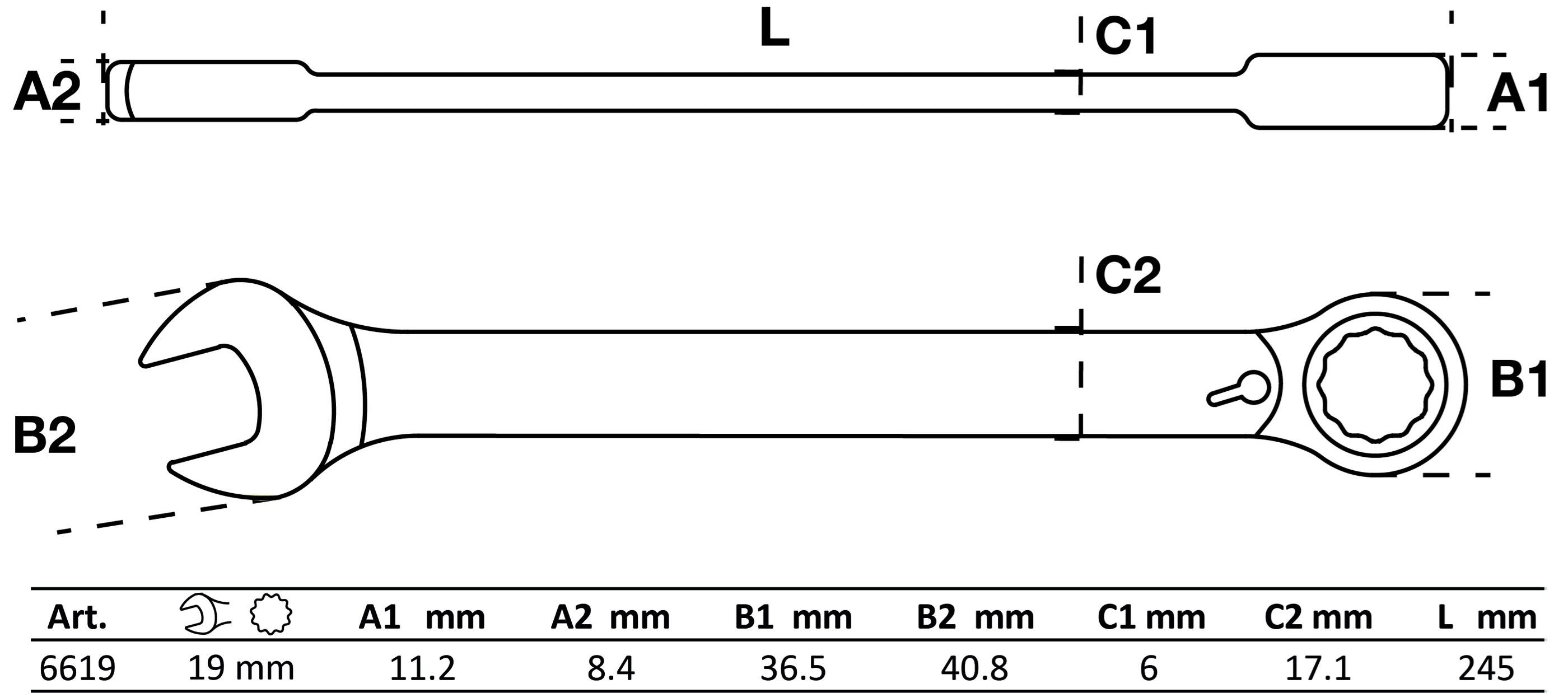 BGS Technic BGS 6619 Očkoplochý klíč 19 mm s přepínací ráčnou