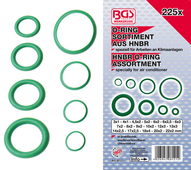 BGS Technic BGS 8121 Těsnicí O-kroužky pro klimatizace, pr. 3 ÷ 22 mm Sada 225 dílů
