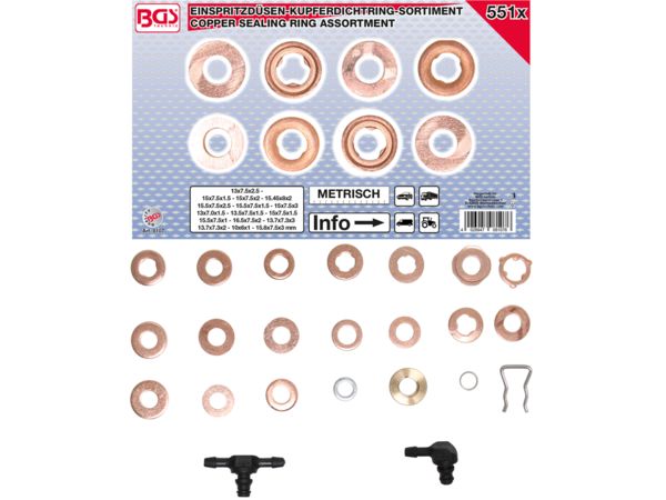 BGS Technic BGS 8107 Těsnicí podložky 8 ÷ 16,5 mm pro vstřikovače (Sada 551 dílů)