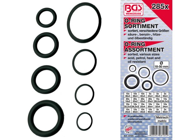 BGS Technic BGS 8105 Těsnicí "O" kroužky pr. 18 ÷ 50 mm, gumové XXL (Sada 285 dílů)