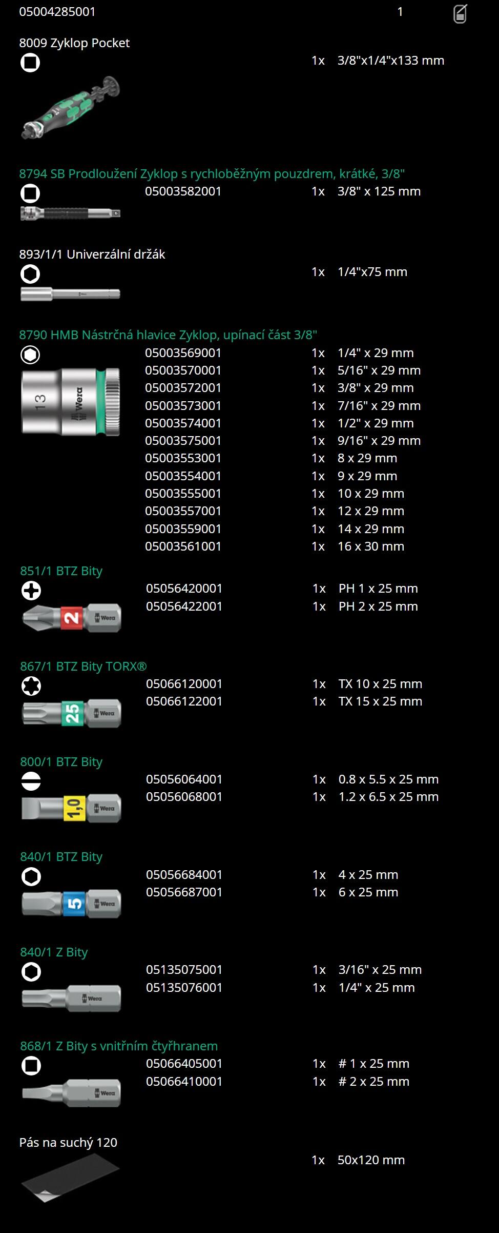 Wera 004285 Ráčnová sada 3/8″ x 1/4″ Wera Zyklop 8009 Pocket Set 4 (Sada 27 dílů)