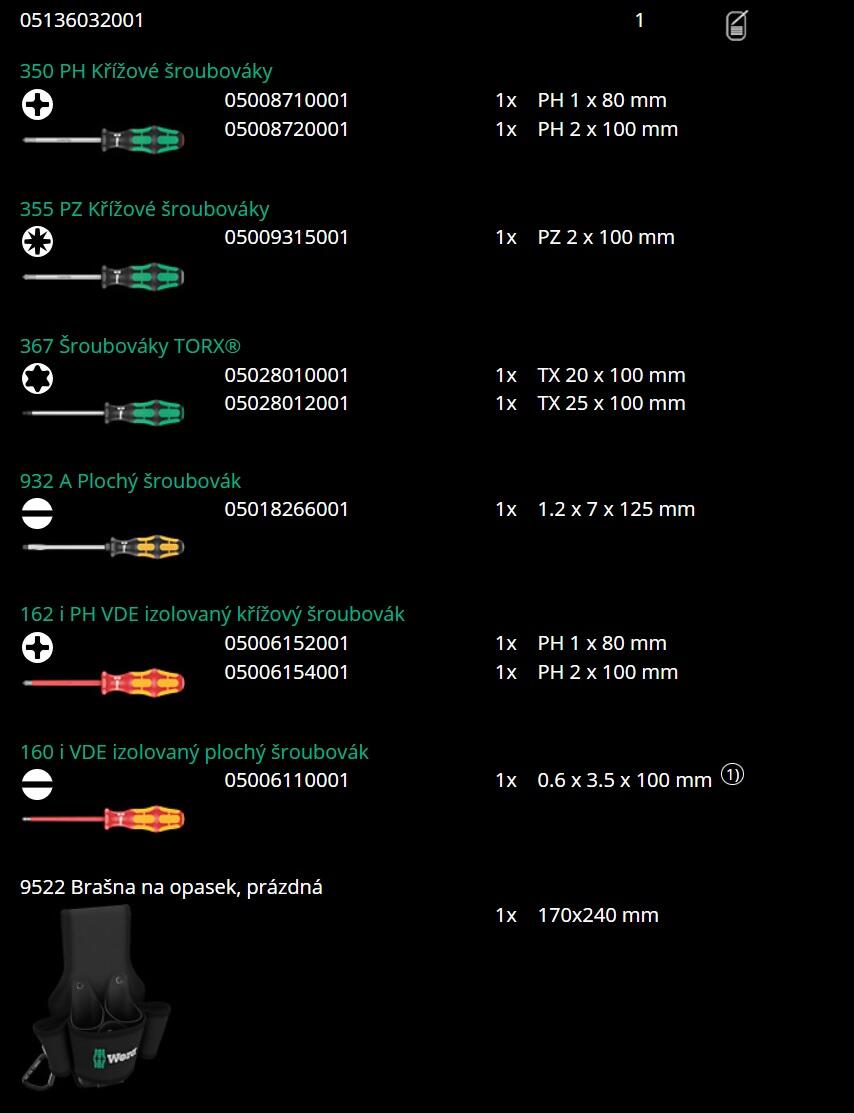 Wera 136032 Brašna na opasek 9620 s nářadím. Sada 1  (Sada 10 dílů)
