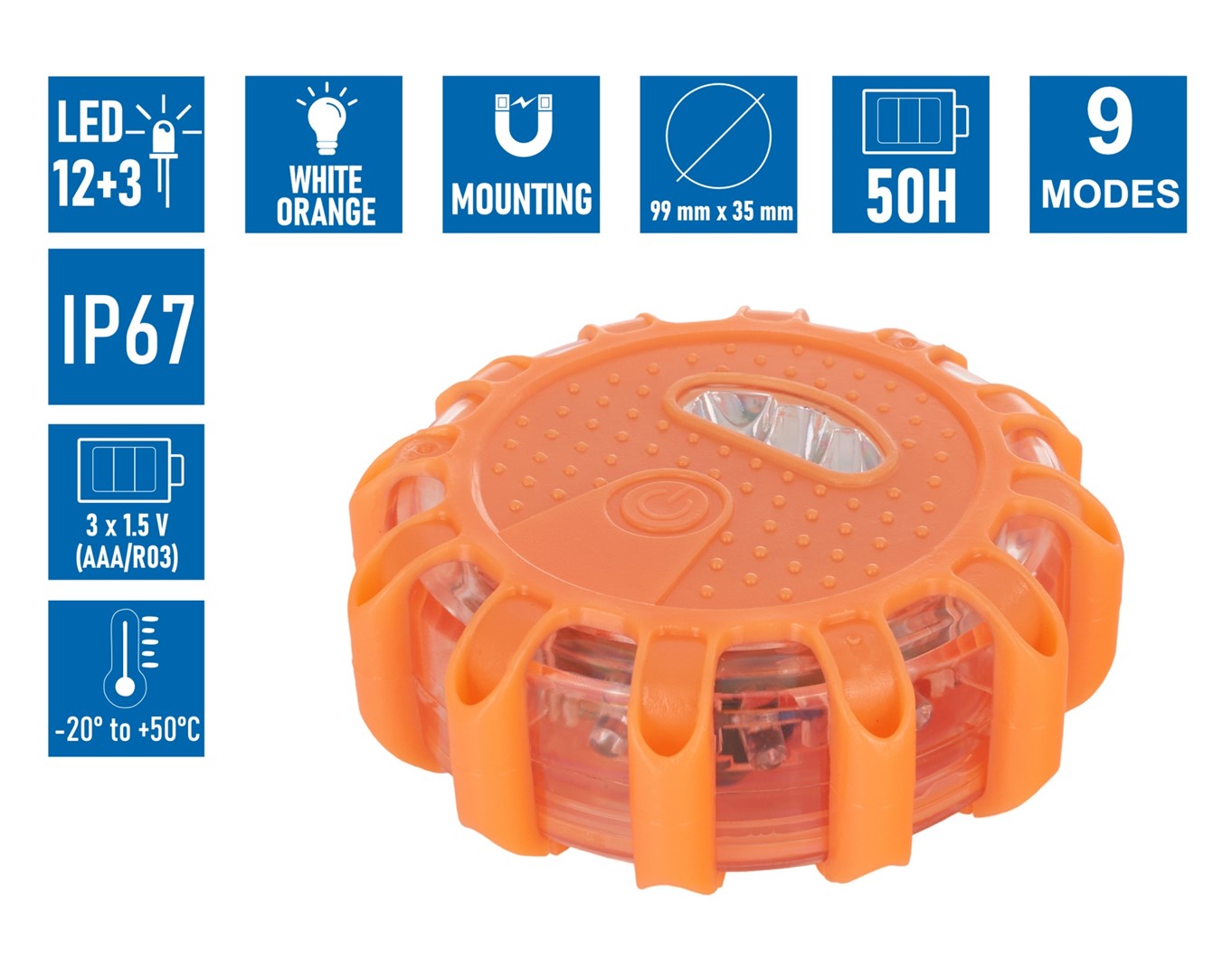 Výstražné světlo LED, magnetické, 9 funkcí, na AAA baterie