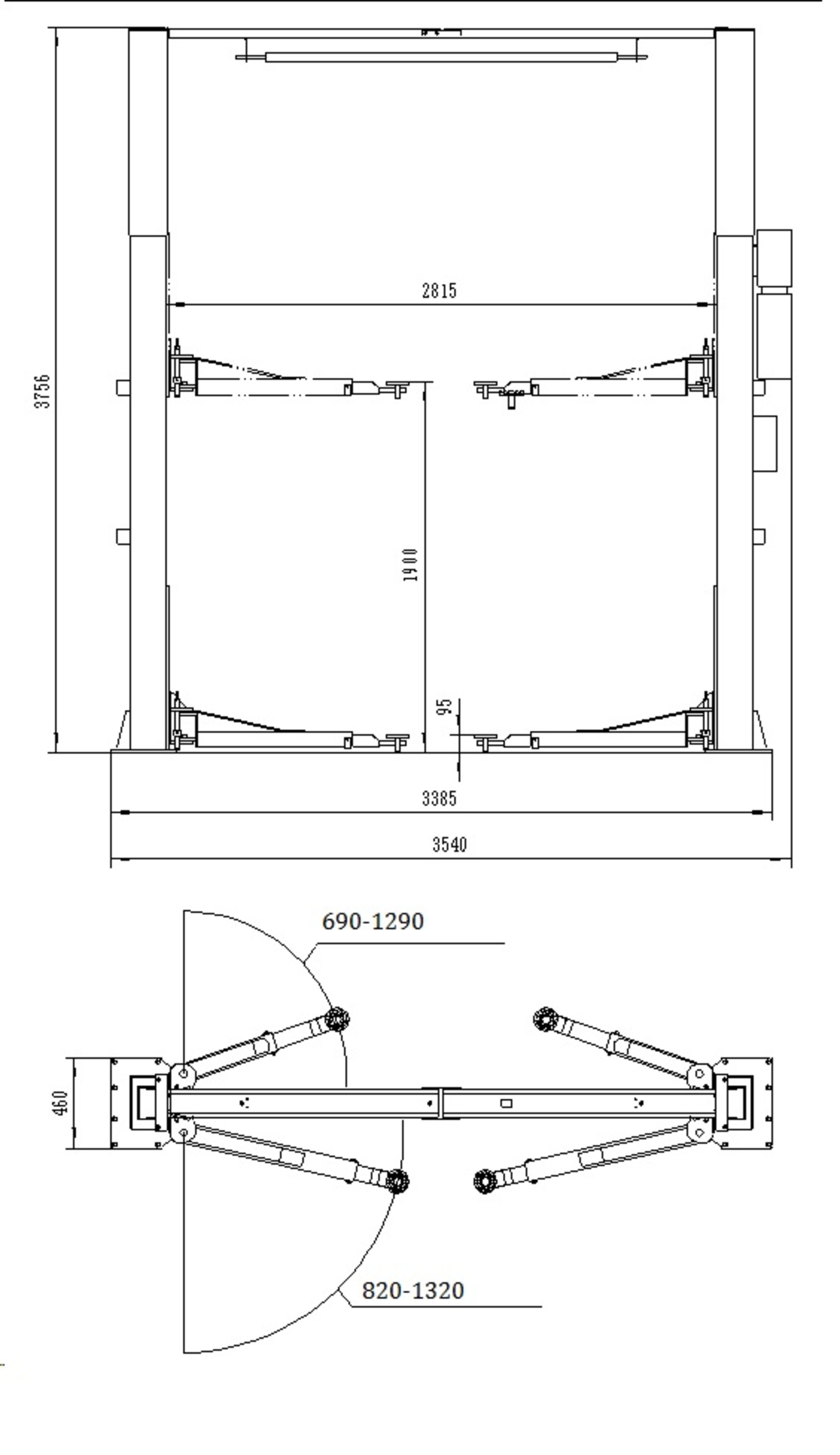 Dvousloupový bezpřejezdový zvedák s automatickým zámkem, nosnost 4t - QSD3800