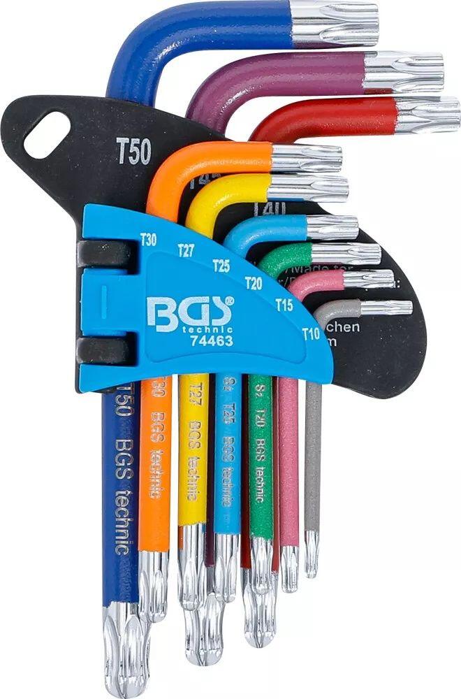 Zástrčné klíče Torx s otvorem T10-T50 barevné, krátké s kuličkou, sada 9 ks - BGS 74463
