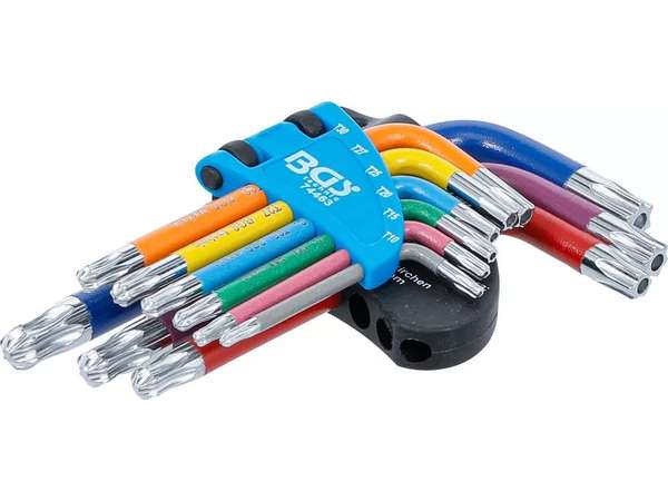 Zástrčné klíče Torx s otvorem T10-T50 barevné, krátké s kuličkou, sada 9 ks - BGS 74463