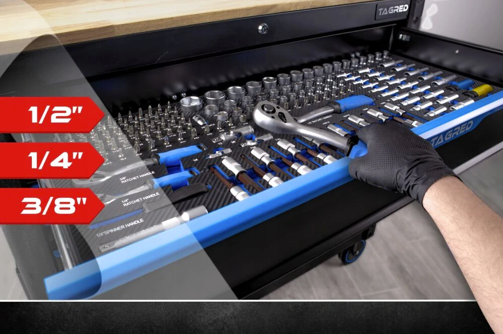 TAGRED Dílenský vozík s nářadím | 713ks | velký | 12 zásuvek | dřevěná deska