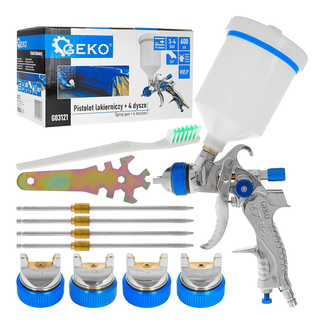 GEKO Stříkací pistole HVLP 600 ml + 4 trysky (1,4–1,7–2,0–2,5)