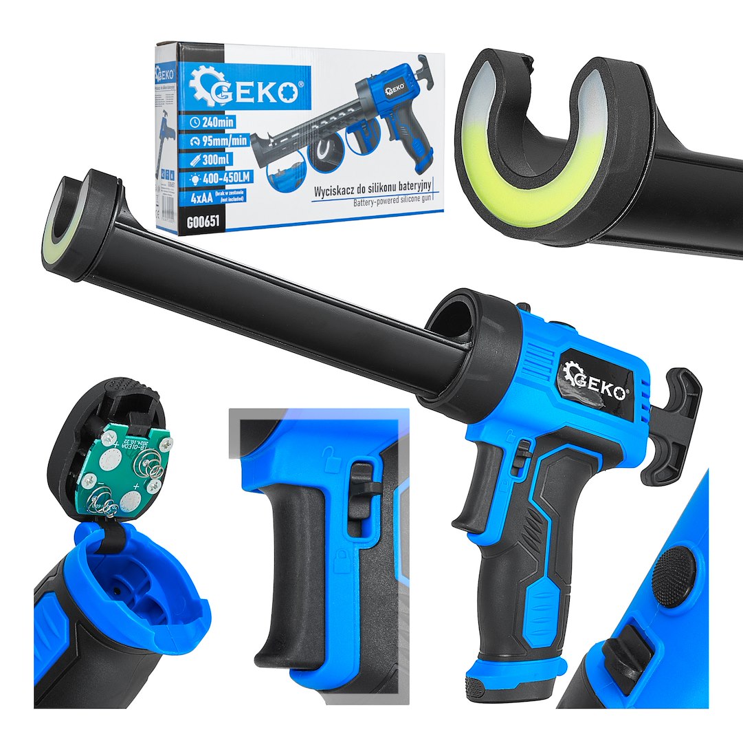 Vytlačovací pistole na baterie s LED osvětlením, 4×AA - GEKO