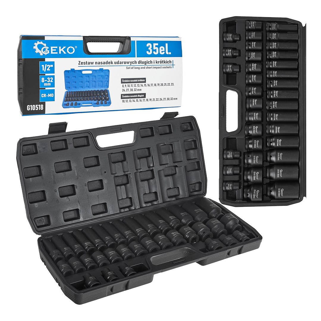 GEKO Sada rázových hlavic 1/2" 8-32mm dlouho + krátké (35 ks)
