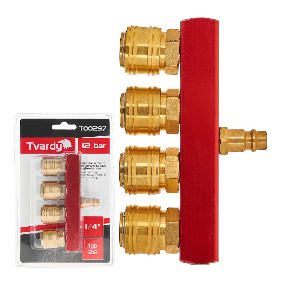 GEKO Mosazný vzduchový samčí konektor, 4cestný rozbočovač 1/4" s rychlými konektory