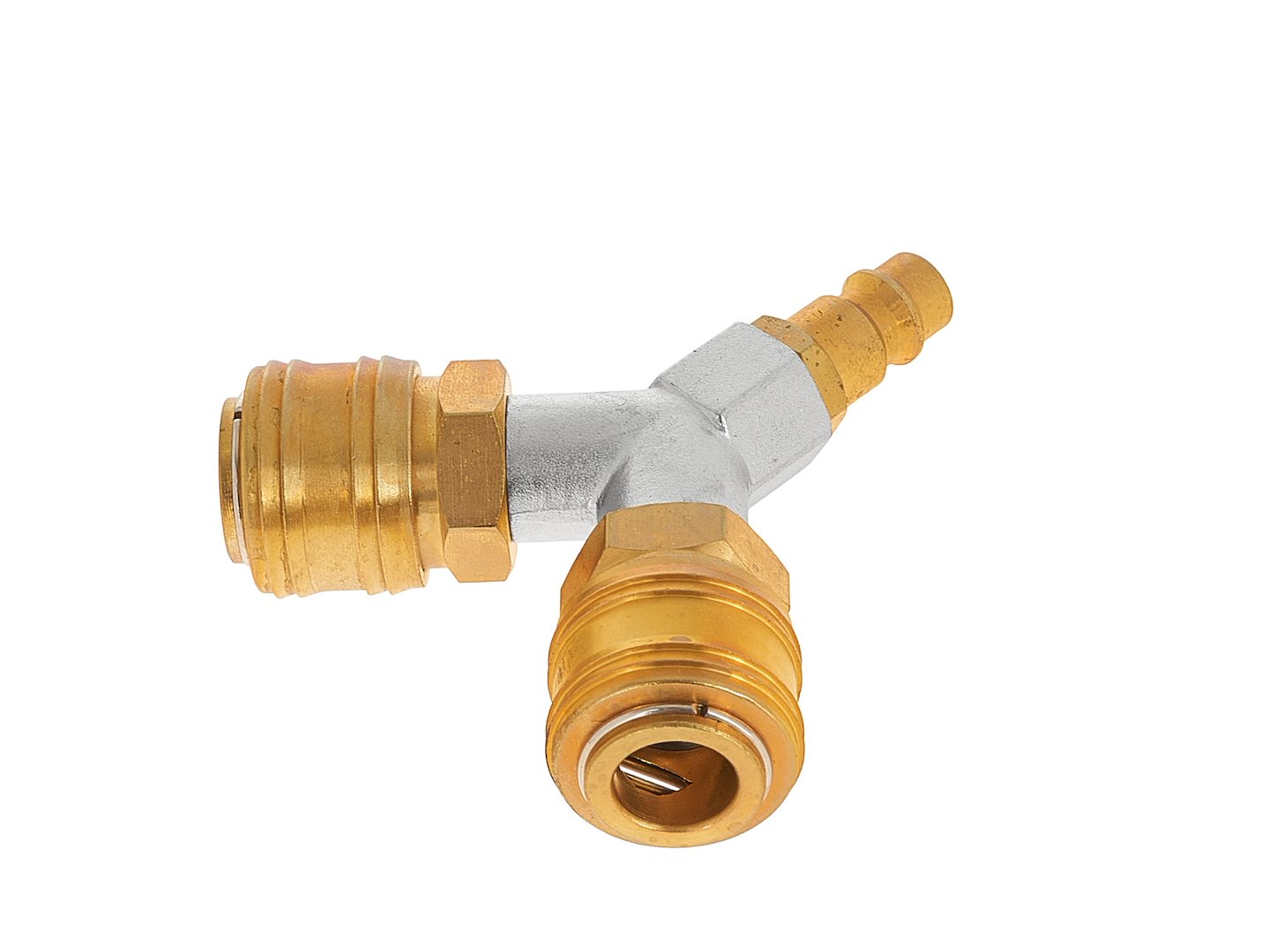 Mosazný vzduchový samčí konektor, 2cestný rozbočovač 1/4" s rychlými konektory