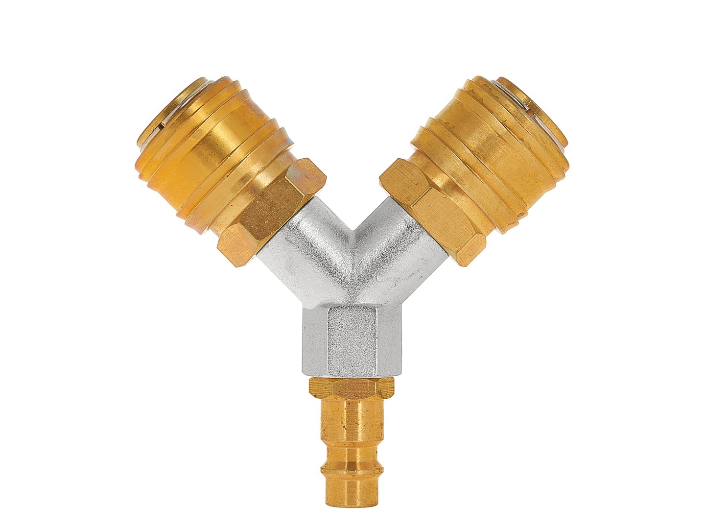 Mosazný vzduchový samčí konektor, 2cestný rozbočovač 1/4" s rychlými konektory