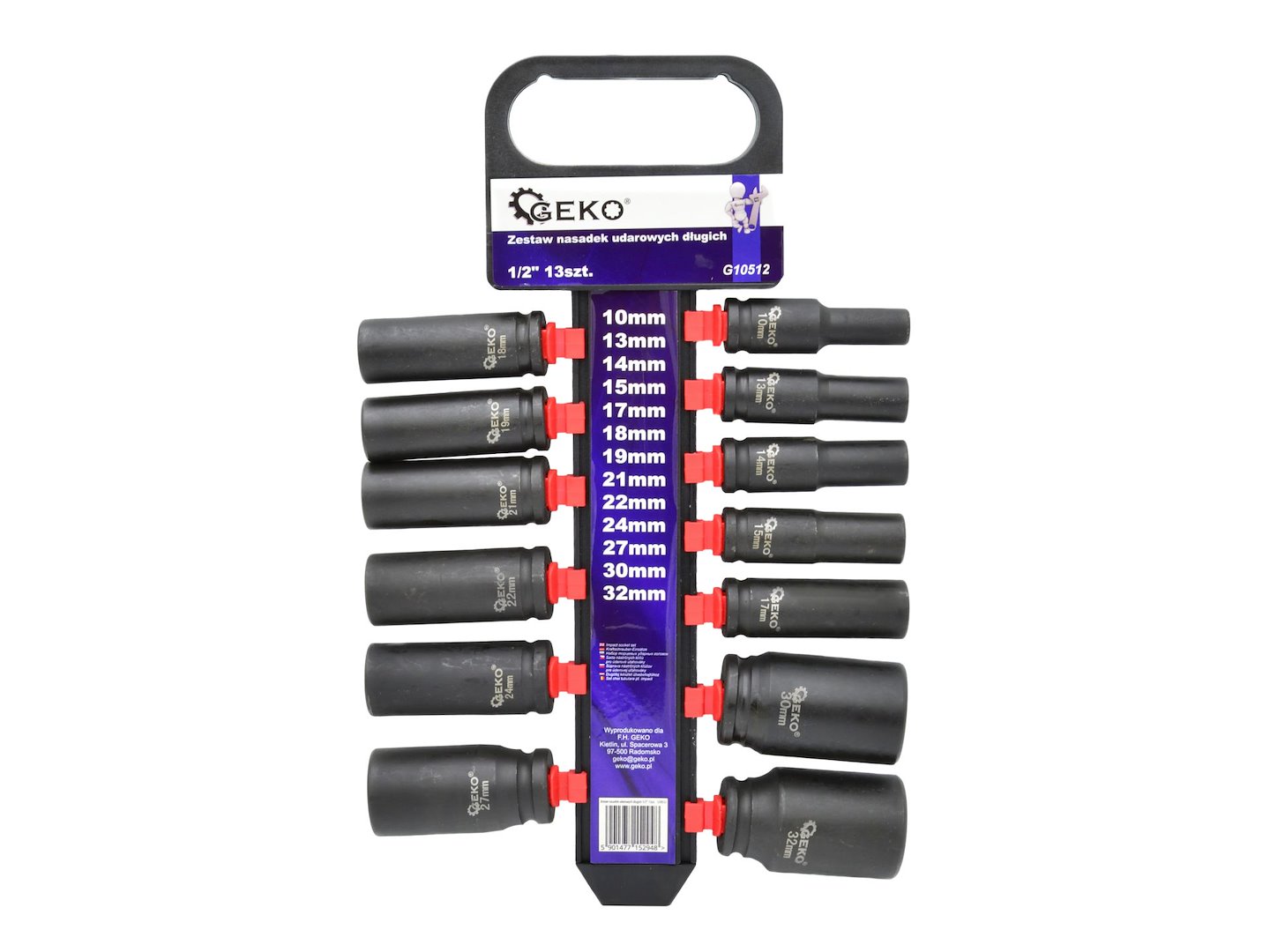 Sada 13 nástrčných rázových dlouhých hlavic 1/2" - GEKO