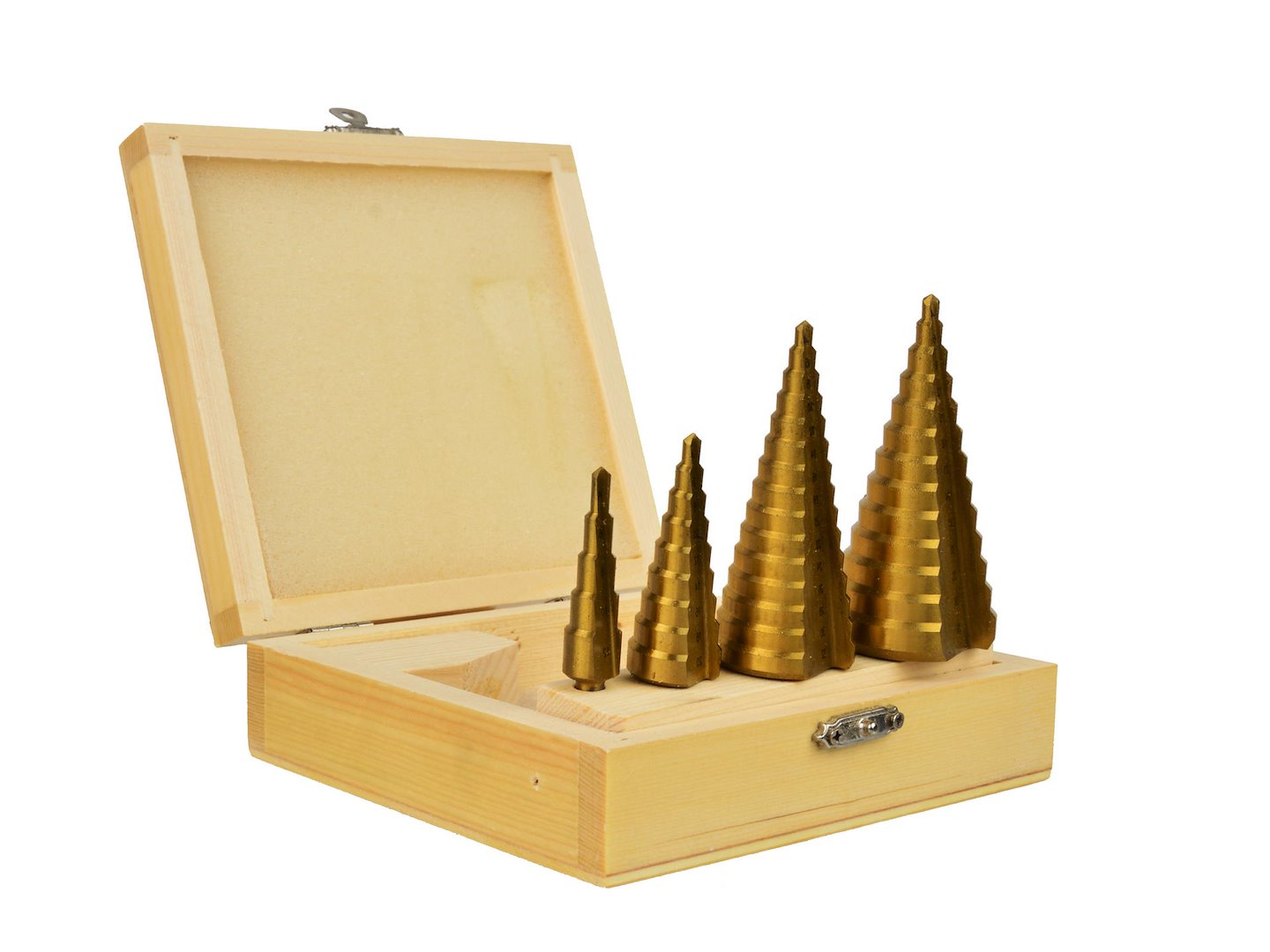 Vrtáky stupňovité, sada 4ks, 4-12mm, 4-20mm, 4-32mm, 4-39mm, dřevěná kazeta, TiN - GEKO