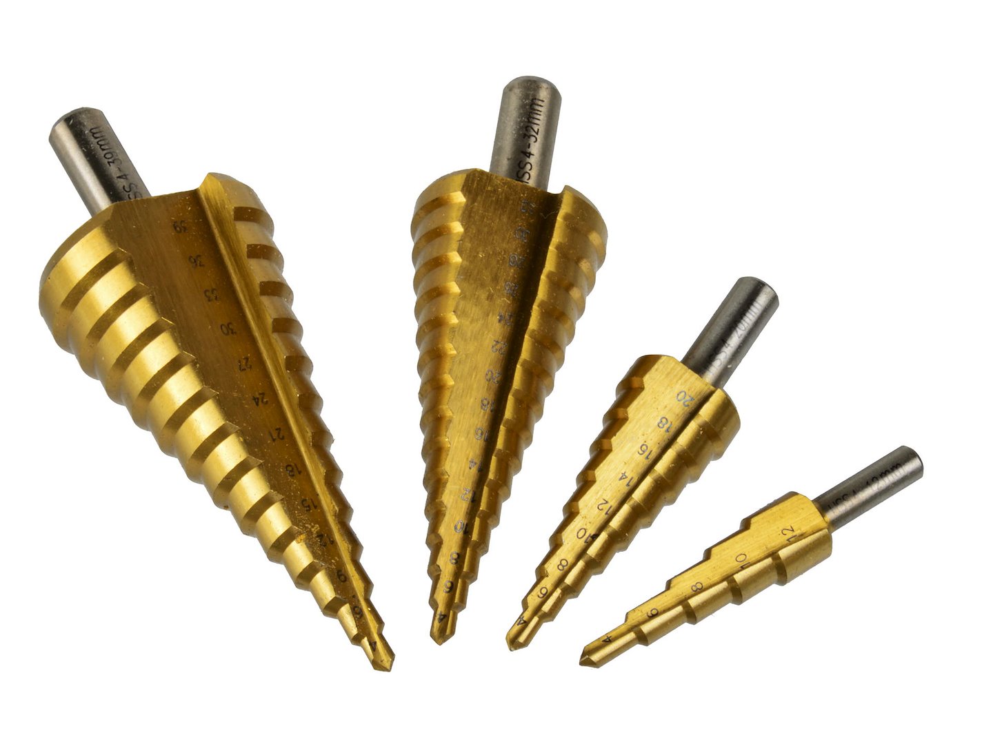 Vrtáky stupňovité, sada 4ks, 4-12mm, 4-20mm, 4-32mm, 4-39mm, dřevěná kazeta, TiN - GEKO