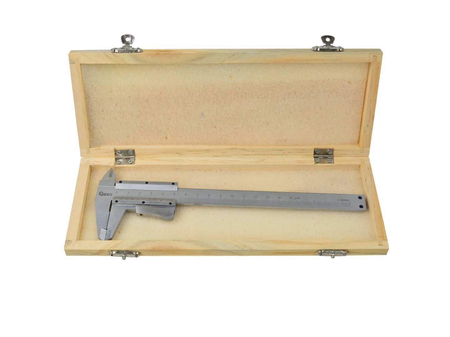 Měřítko posuvné kovové, 0-150mm x 0,02, dřevěná krabička - GEKO