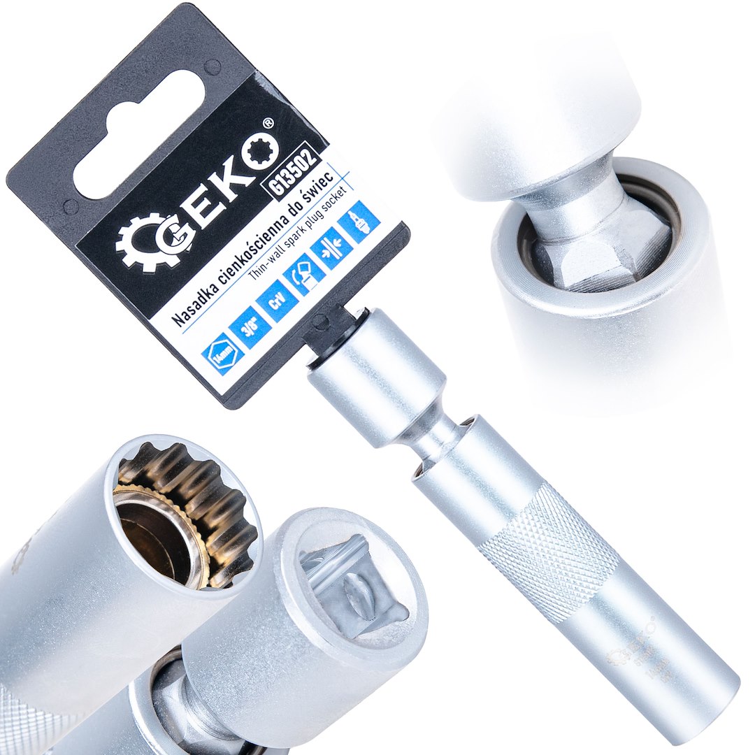 GEKO 3/8" 14mm tenkostěnná zástrčka zapalovací svíčky s univerzálním kloubem