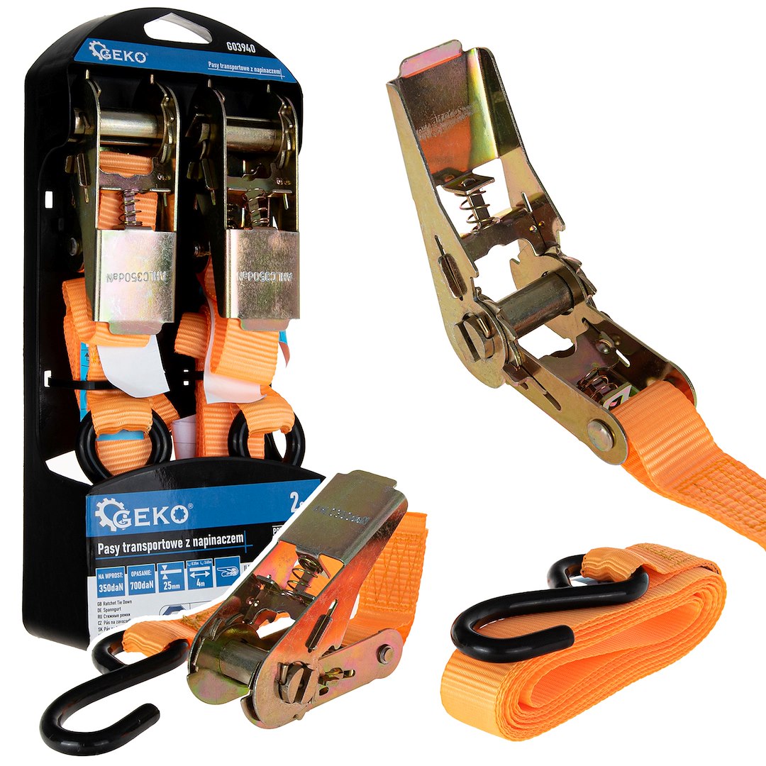 Pás upínací ráčnový, s háky, 25 mm × 4 m, 700 kg, sada 2 ks - GEKO