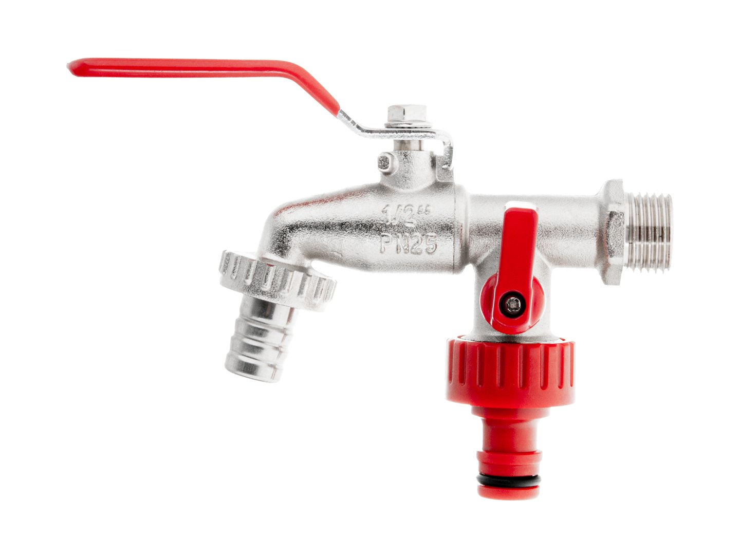 Ventil zahradní, vstup 1/2", výstup 2×3/4" + konektor pro rychlospojku a hadičník 1/2" - G