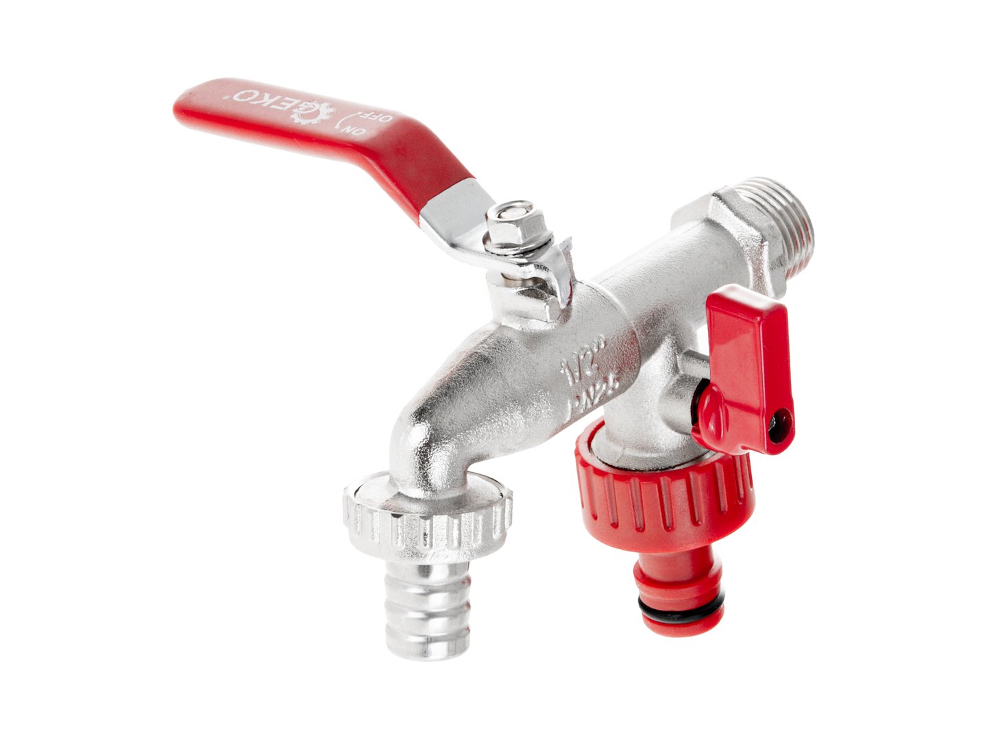 Ventil zahradní, vstup 1/2", výstup 2×3/4" + konektor pro rychlospojku a hadičník 1/2" - G