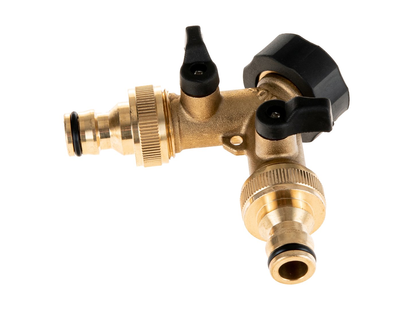 Rozdělovač na kohoutek 2-cestný, vnitřní závit 3/4", 2× vnější závit 3/4" s ventily a kone