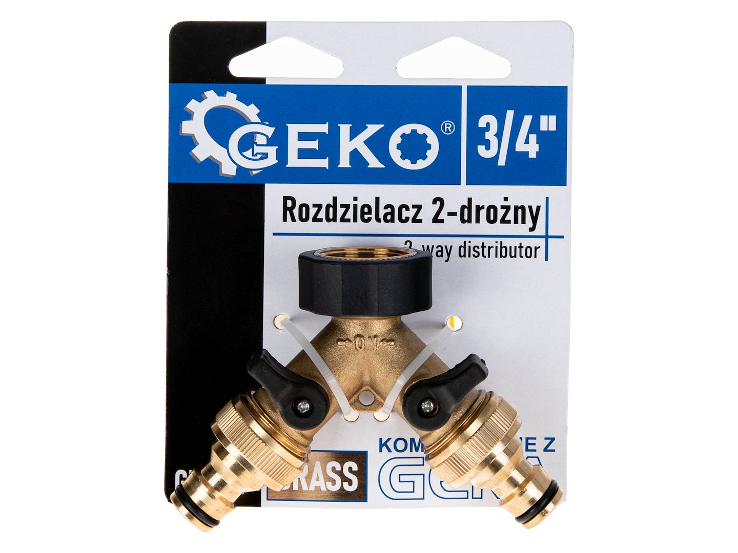 Rozdělovač na kohoutek 2-cestný, vnitřní závit 3/4", 2× vnější závit 3/4" s ventily a kone