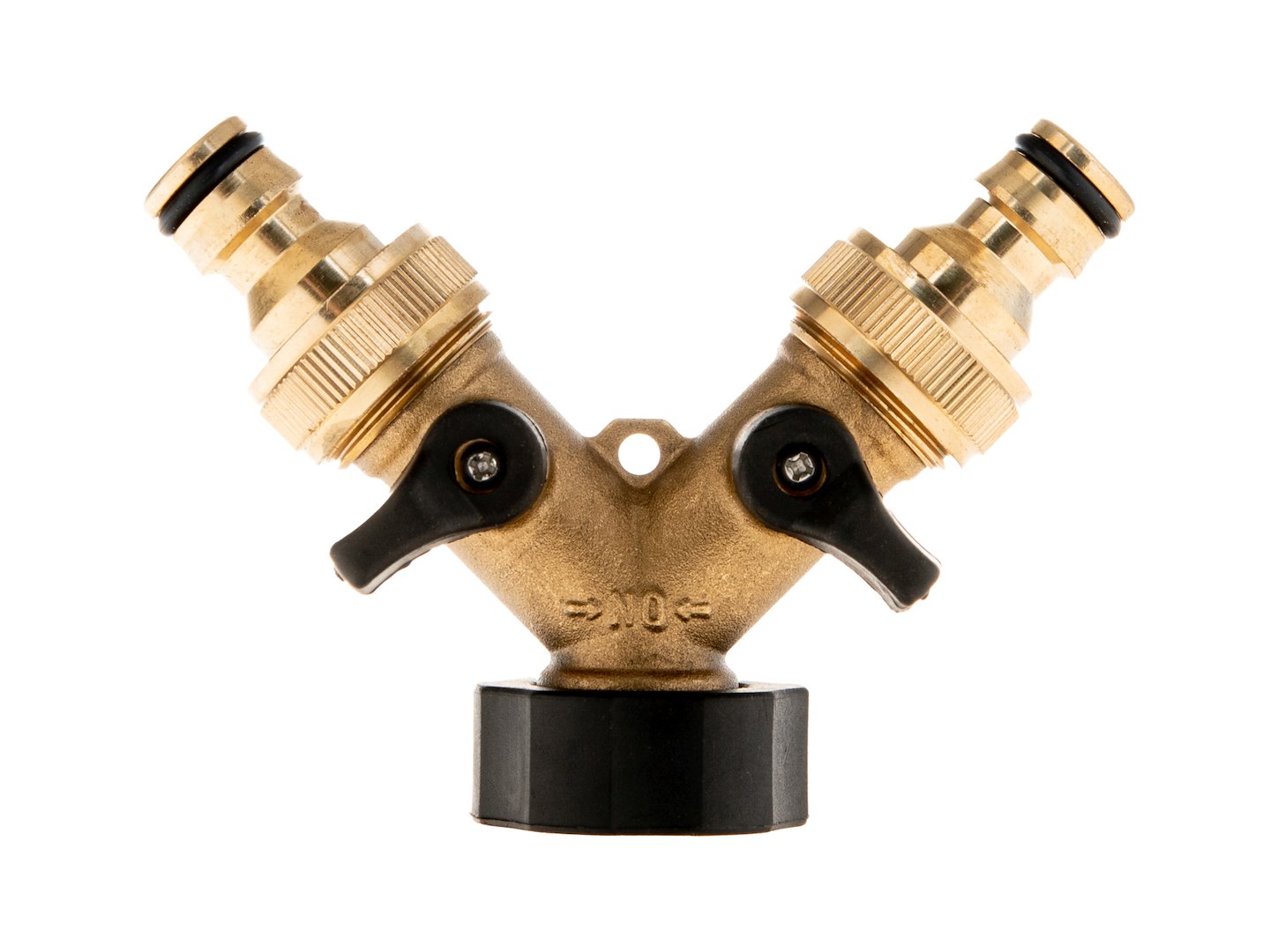 Rozdělovač na kohoutek 2-cestný, vnitřní závit 3/4", 2× vnější závit 3/4" s ventily a kone