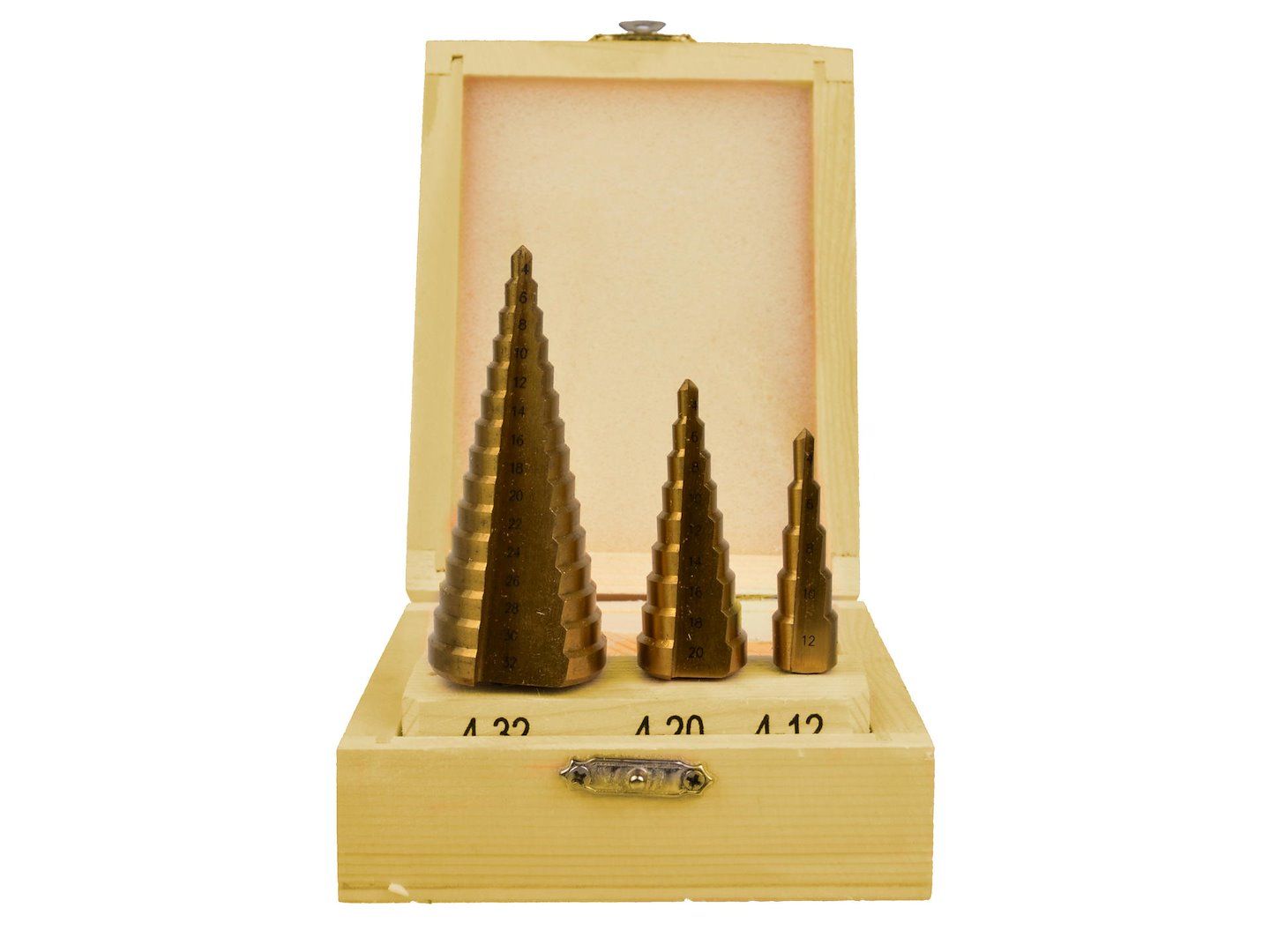 Vrtáky stupňovité, sada 3ks, 4-12mm, 4-20mm, 4-32mm, dřevěná kazeta, TiN - GEKO