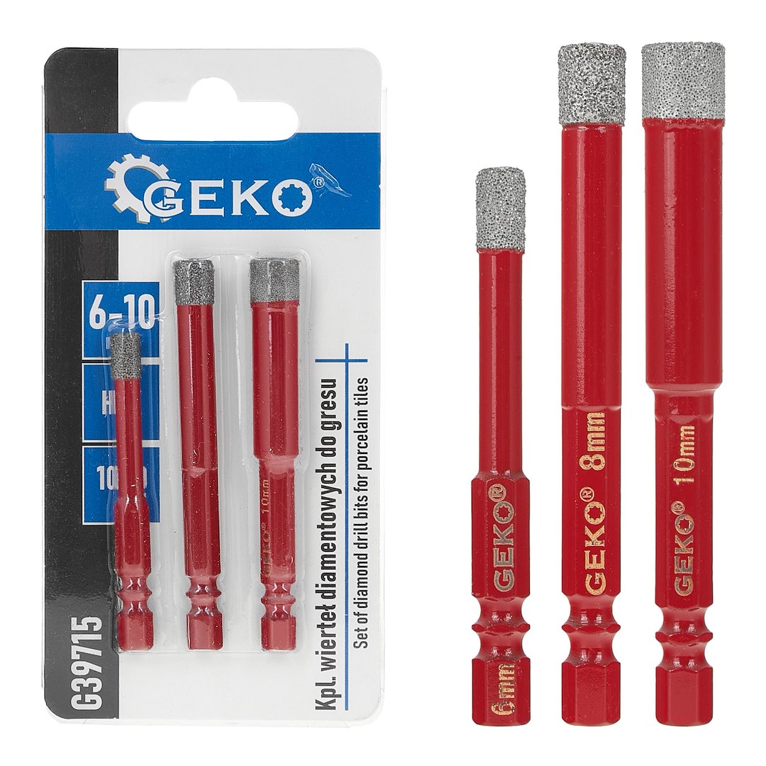 GEKO Sada 3 ks diamantových vrtáků na dlaždice 6–10 mm HEX