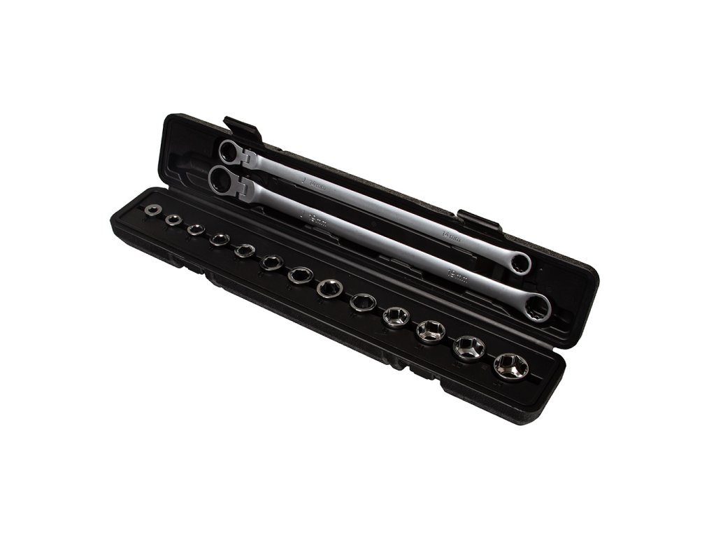 Oboustranné ráčnové očkové klíče s kloubem a průchozí hlavice, sada 15 dílů – MAR-POL