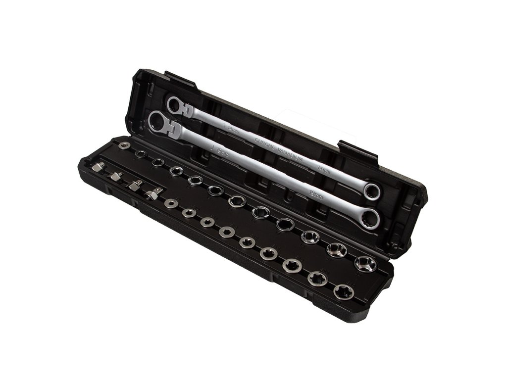 Oboustranné ráčnové očkové klíče a průchozí hlavice, sada 27 dílů – MAR-POL