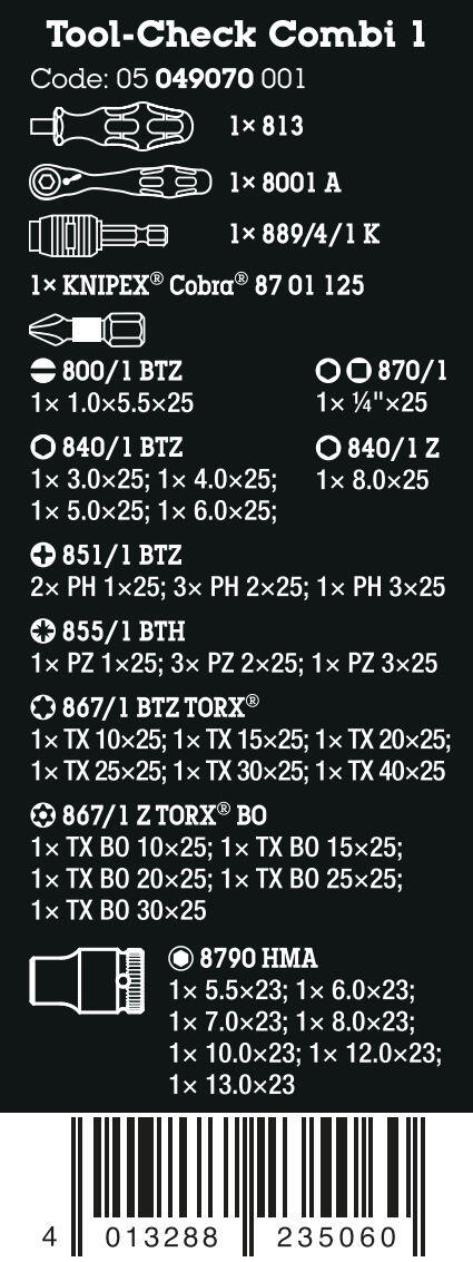 Wera 049070 Šroubovací bity, hlavice, ráčna a kleště Knipex Cobra Tool-Check Combi 1 (Sada 40 díl