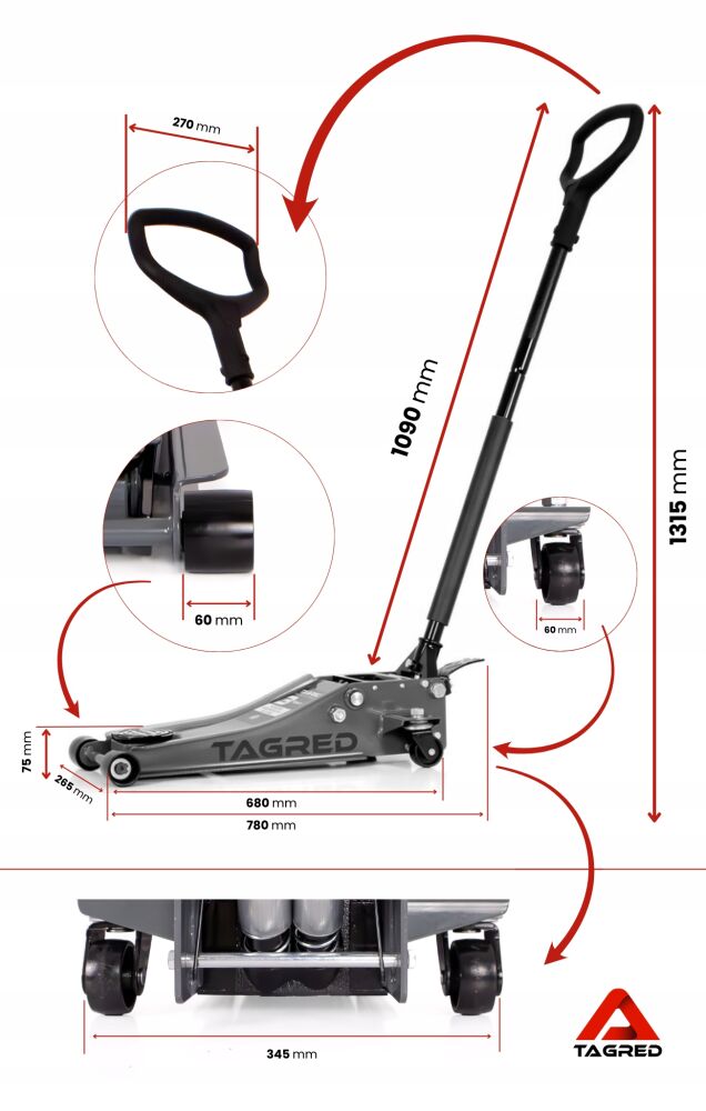 TAGRED TA297TUV Automobilový zvedák, hydraulický nízkoprofilový, žabí zvedák, 3T, nízký, masivní