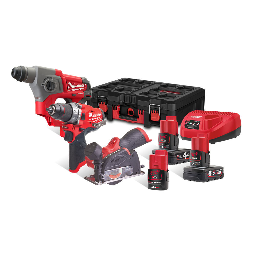 Sada aku nářadí 12V: vrtačka, pila, kladivo, baterie, nabíječka Milwaukee M12 FPP3R-6423P